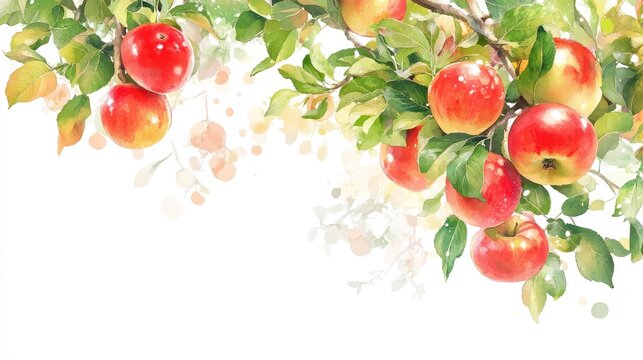 Natural apple tree detail with ripe red apples, green leaves, and isolated white space for versatile visual use