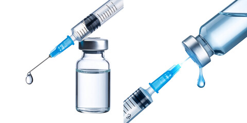 Syringe With Blue Needle Injecting Liquid From Vial Transparent Background Isolated Medical Healthcare Concept