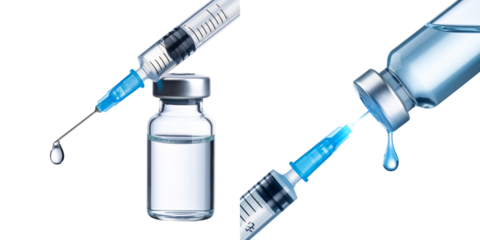 Syringe With Blue Needle Injecting Liquid From Vial Transparent Background Isolated Medical Healthcare Concept