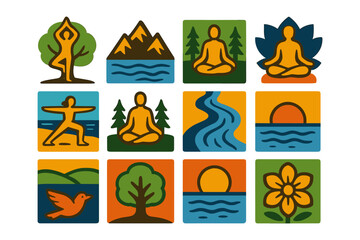 Colorful yoga and nature icons: meditation, nature, and relaxation themes