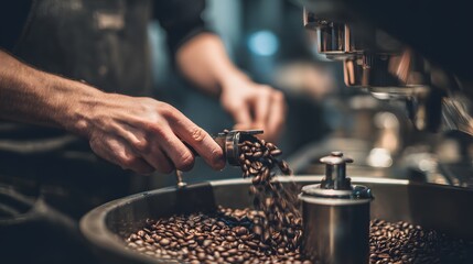A barista expertly pours freshly roasted coffee beans into a machine, ready for brewing the perfect cup.
