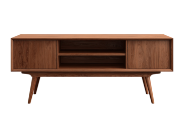 Light brown wooden TV stand with two doors and shelves