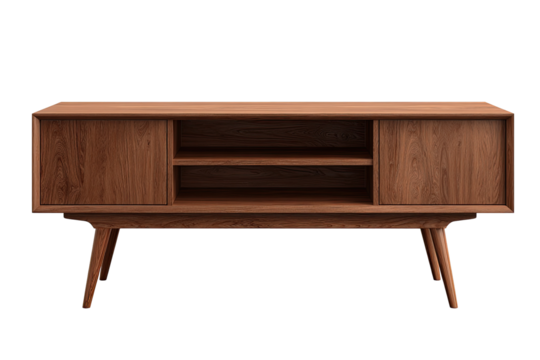 Light brown wooden TV stand with two doors and shelves