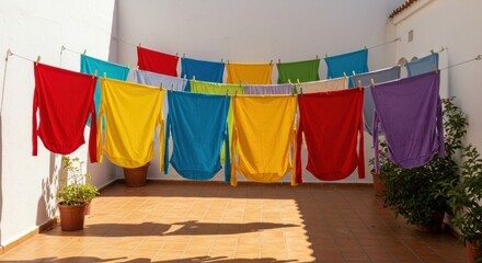 Vibrant long-sleeved shirts, various colors, hang drying on a clothesline in a sun-drenched, terracotta-tiled courtyard between potted plants against a whitewashed wall. 