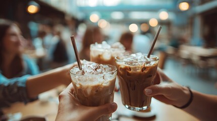 Friends toasting with refreshing iced coffee drinks in a cozy cafe setting.