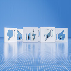 People and social media concept. Several people (figurines) behind thumb up and thumb down logos on...