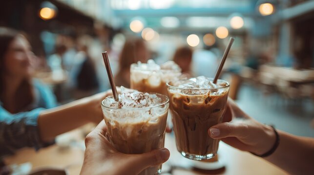 Friends toasting with refreshing iced coffee drinks in a cozy cafe setting. - Powered by Adobe