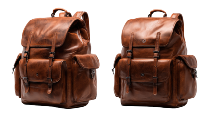 Two views of a tan leather backpack.  Features multiple pockets and straps.  Solid, durable look