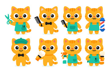 Charming cartoon cat barber characters with tools in cute flat design