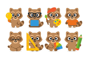 Obraz premium Cute cartoon raccoons in various professions and hobbies for kids