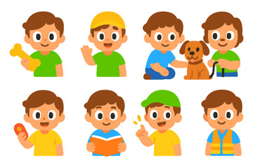 Cute cartoon kids engaging in various activities with pets and accessories