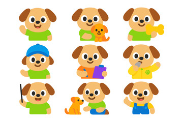 Cute cartoon puppies in various activities set