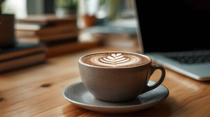 Close-up of latte art in a cup beside a laptop on a wooden table.