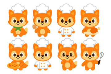 Cute cartoon fox chefs with hats and cooking utensils on white background