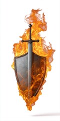 Flaming sword and shield with intense fire elements on white background