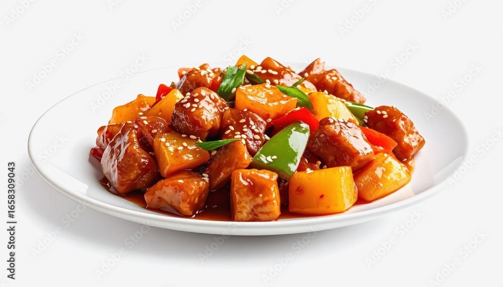 Poster sweet and sour pork served on a plate with a white background featuring copy space for text and pres