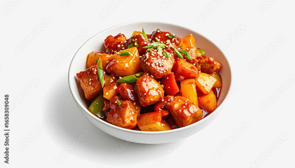 Poster flavorful bowl of sweet and sour tofu with a white background featuring copy space for text and culi