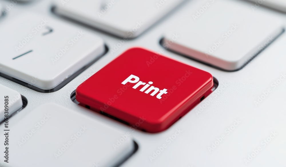 Poster red print key on modern computer keyboard focused on functionality