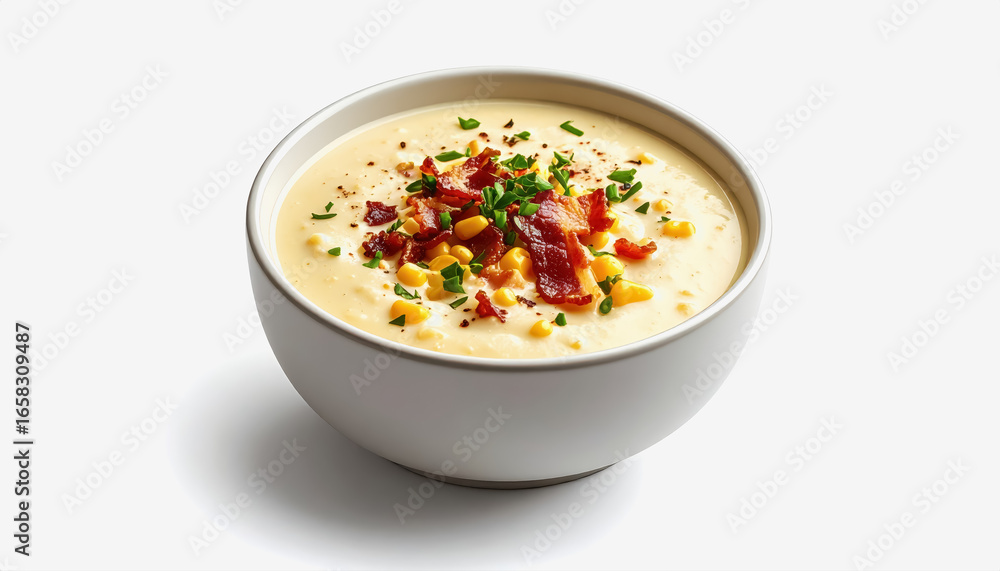 Poster comforting bowl of corn chowder with bacon bits and copy space for text isolated on white background