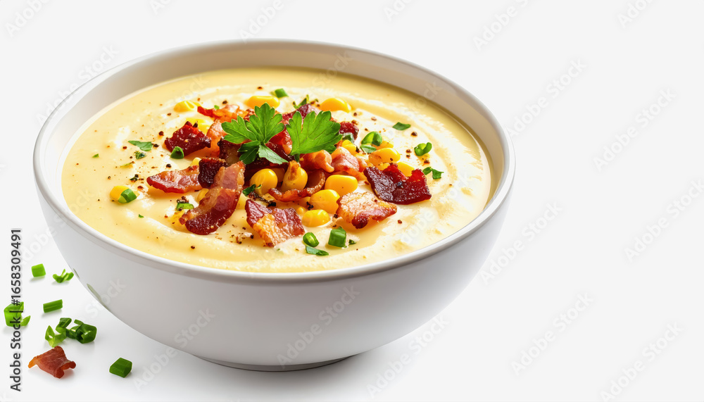 Poster Rich bowl of corn chowder with bacon and cheese topped with creamy texture and copy space for text isolated on white background