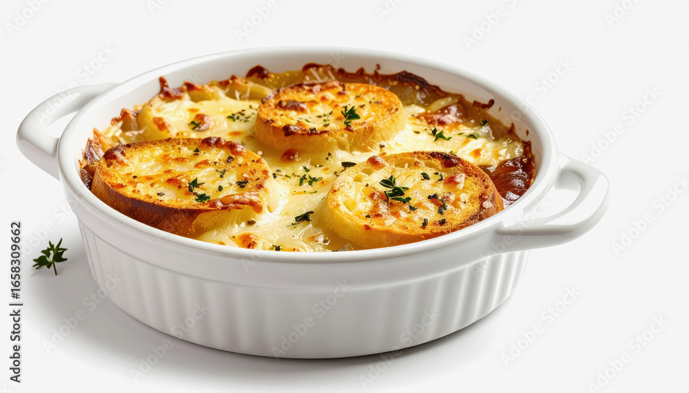 Poster charming presentation of french onion soup in a white bowl isolated on white background with copy sp