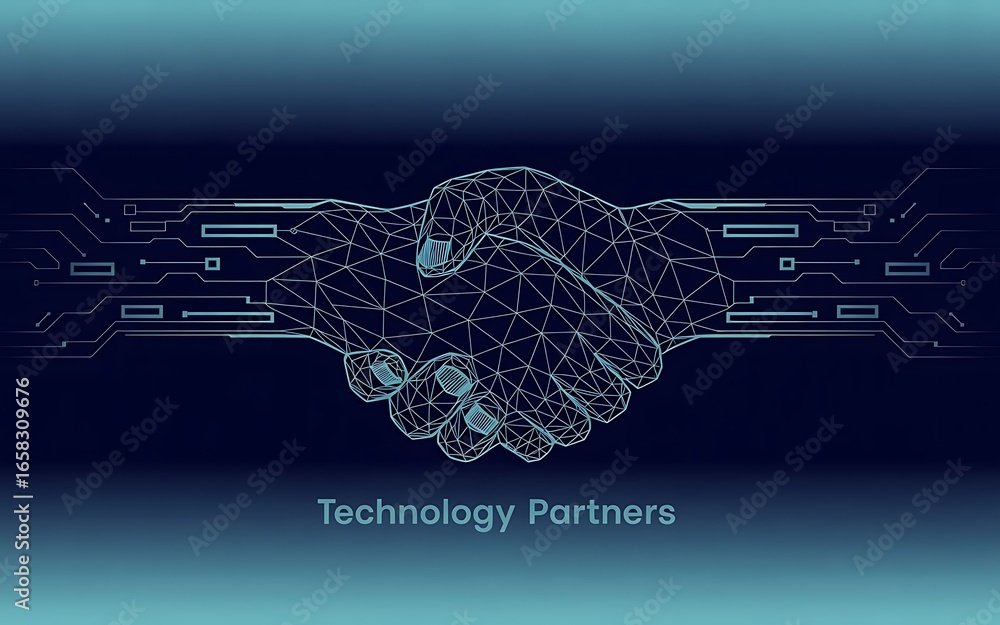 Poster abstract digital handshake symbolizing technology partnership and global connectivity with futuristi