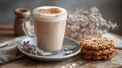 Delicious cappuccino with oatmeal cookies on a wooden table, a cozy scene.