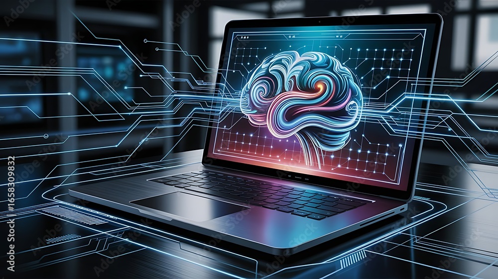 Fototapete futuristic laptop displaying a glowing digital brain with intricate data streams and circuit board p