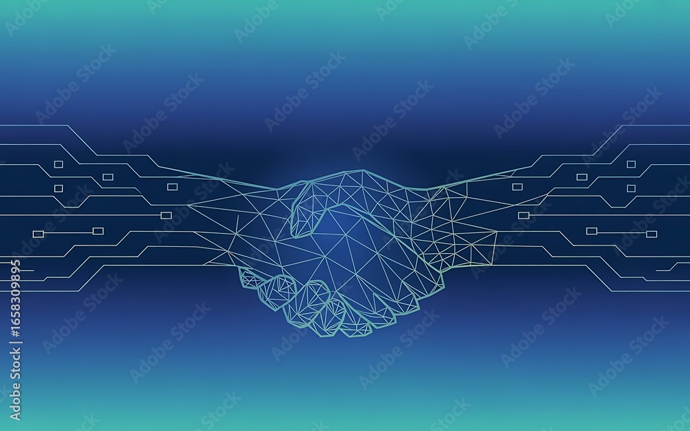 Poster futuristic handshake of digital technology and artificial intelligence on a circuit board background