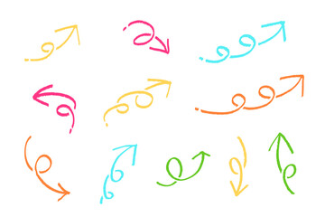 カラフルで手書き風の装飾的なくるくる矢印アイコンセット、曲線やループを含むスケッチイラストデザイン素材