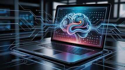 Futuristic laptop displaying a glowing digital brain with intricate data streams and circuit board patterns