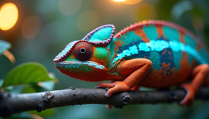 Fototapeta premium Vibrant Chameleon on a Branch in a Nature Setting Digital Art Reptile Wildlife Photography