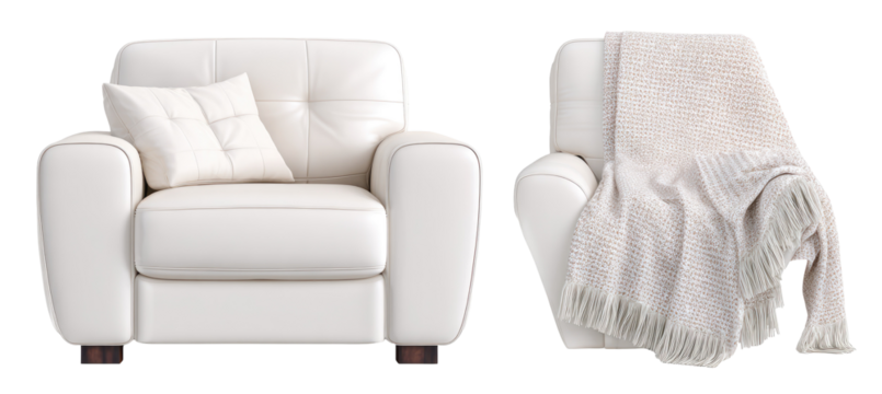 Two identical white leather armchairs, one with a beige throw blanket