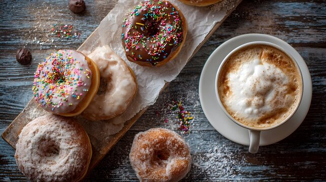 Colorful donuts and a cup of coffee create a tempting breakfast scene.