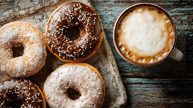 Delicious donuts and a frothy coffee cup create a tempting morning treat scene.