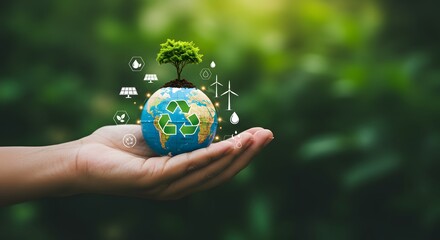 Protect our planet with green energy and recycling, a hopeful future for sustainability resting in caring hands, renewable resources for a brighter tomorrow