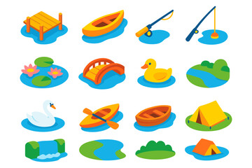 Naklejka premium Colorful summer lake icons with boats, ducks, and tents in isometric style