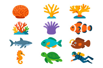 Naklejka premium Colorful underwater marine life with coral fish and diver in flat style