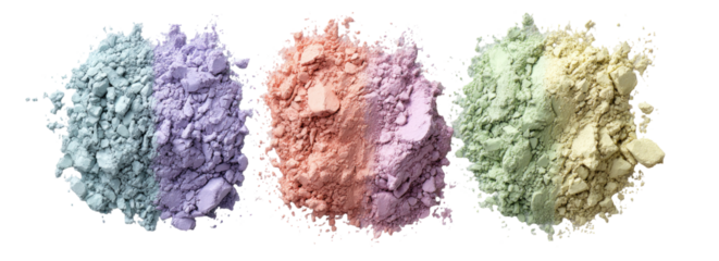 Pastel-hued powder piles.  Four piles of finely ground, pigmented powder in light lavender, light peach, light mint green and beige.  Each pile is a different pastel color