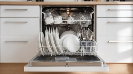 Open dishwasher showing neatly arranged dishes in kitchen. Neural network AI generated