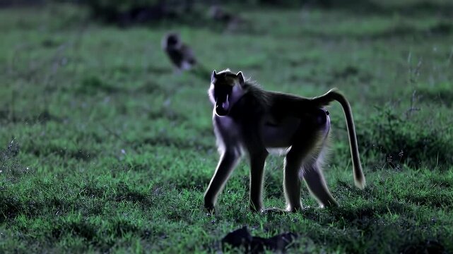 Silhouette of Baboon Standing in Grassland at Dusk