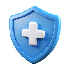 Fototapeta premium 3D medical shield icon with white cross, blue health insurance protection symbol, glossy safety and healthcare security element on transparent background