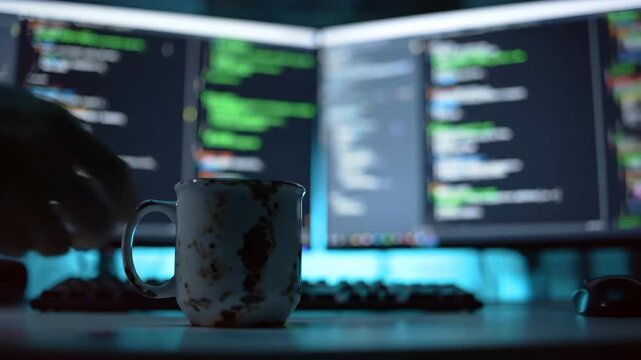 Cup on a desk in front of computer screens with code visible