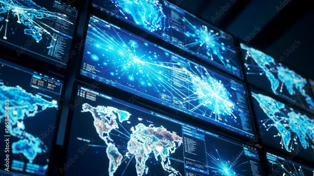 Poster wall of screens showing global data streams and analysis information