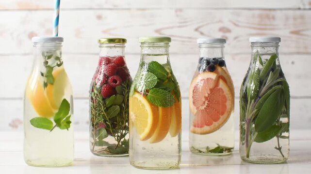 Row of Detox Water Infused with Fruits and Herbs in Glass Bottles on White Wooden Surface