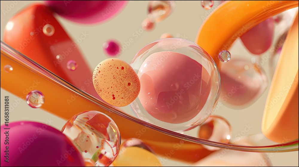 Poster colorful abstract 3d composition with floating shapes and dynamic swirls in colorful objects and pas