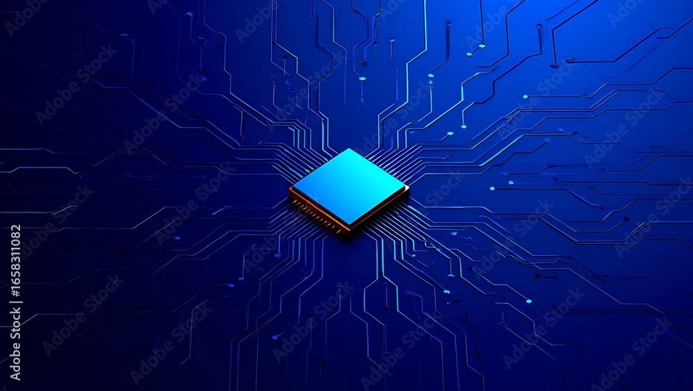 Aufkleber abstract glowing blue diamond shape centered on a dark blue circuit board with intricate lines and p