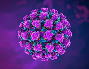Detailed 3D rendering of a virus structure with vibrant colors on purple background
