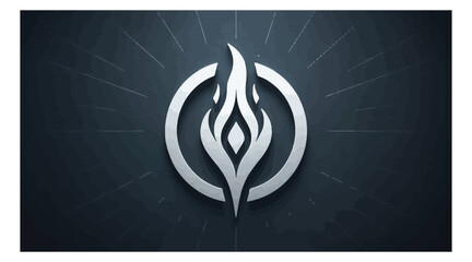 Vector art of a striking logo design showcasing a stylized flame encircled by a radiant halo, presented in a metallic silver finish against a dark backdrop, conveying a sense of energy and innovation