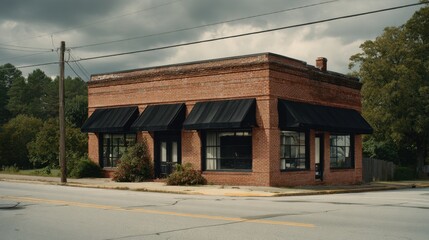 Naklejka premium Empty small-town gas station with a flat roof, multiple fuel pumps, and a canopy under cloudy sky